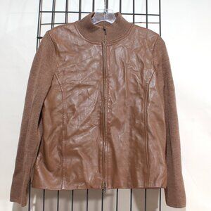 Womens Pendleton Jacket Size M Brown Leather & Merino Wool Full Zip Long Sleeve